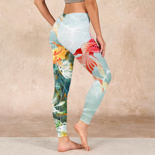 Buddha Gift Green Koi Fish White Lotus Water Ripples Print Gym Leggings Women's Yoga Pants