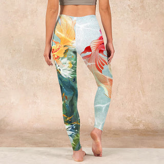 Buddha Gift Green Koi Fish White Lotus Water Ripples Print Gym Leggings Women's Yoga Pants