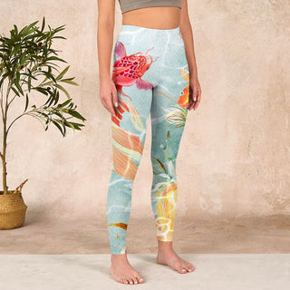 Buddha Gift Green Koi Fish White Lotus Water Ripples Print Gym Leggings Women's Yoga Pants