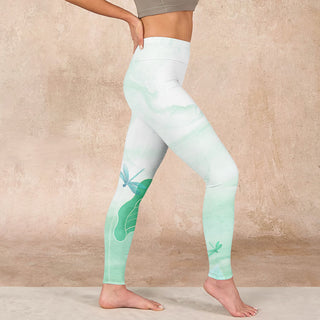 Buddha Gift Mint Green Lotus Leaf Dragonfly Print Exercise Leggings Women's Yoga Pants
