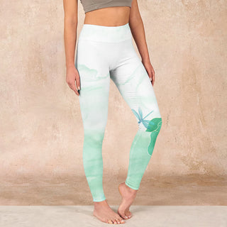 Buddha Gift Mint Green Lotus Leaf Dragonfly Print Exercise Leggings Women's Yoga Pants