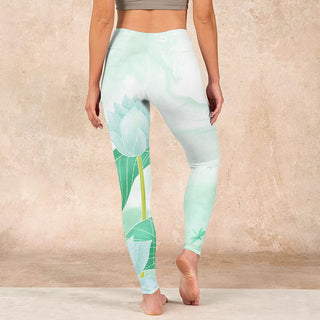 Buddha Gift Mint Green Lotus Leaf Dragonfly Print Exercise Leggings Women's Yoga Pants