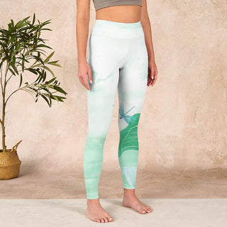 Buddha Gift Mint Green Lotus Leaf Dragonfly Print Exercise Leggings Women's Yoga Pants