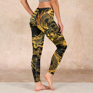 Buddha Gift Golden Dragon Print Gym Leggings Women's Yoga Pants