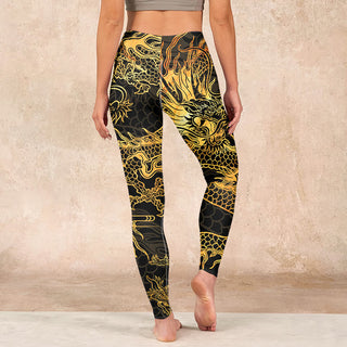 Buddha Gift Golden Dragon Print Gym Leggings Women's Yoga Pants