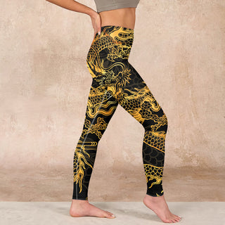 Buddha Gift Golden Dragon Print Gym Leggings Women's Yoga Pants