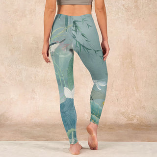 Buddha Gift Lotus Leaf Bird Print Gym Leggings Women's Yoga Pants