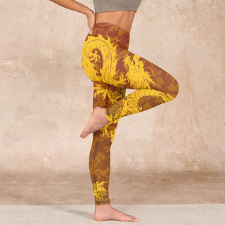 Buddha Gift Golden Dragon Flowers Print Gym Leggings Women's Yoga Pants