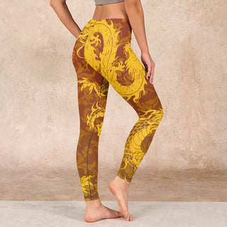 Buddha Gift Golden Dragon Flowers Print Gym Leggings Women's Yoga Pants