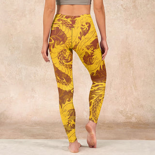 Buddha Gift Golden Dragon Flowers Print Gym Leggings Women's Yoga Pants