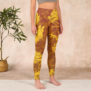 Buddha Gift Golden Dragon Flowers Print Gym Leggings Women's Yoga Pants