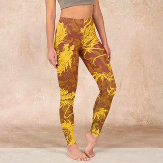 Buddha Gift Golden Dragon Flowers Print Gym Leggings Women's Yoga Pants