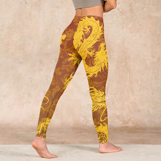 Buddha Gift Golden Dragon Flowers Print Gym Leggings Women's Yoga Pants