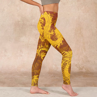 Buddha Gift Golden Dragon Flowers Print Gym Leggings Women's Yoga Pants