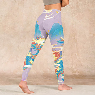 Buddha Gift Purple Dragon Auspicious Clouds Print Gym Leggings Women's Yoga Pants
