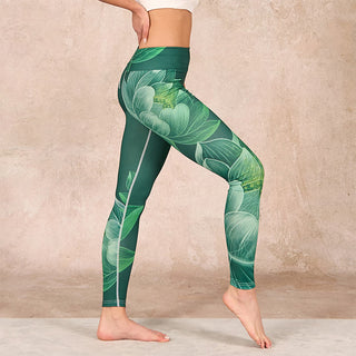 Buddha Gift Dark Green Lotus Flower Leaf Print Gym Fitness Leggings Women's Yoga Pants