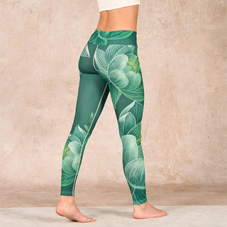 Buddha Gift Dark Green Lotus Flower Leaf Print Gym Fitness Leggings Women's Yoga Pants