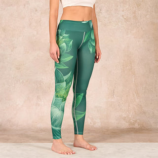 Buddha Gift Dark Green Lotus Flower Leaf Print Gym Fitness Leggings Women's Yoga Pants