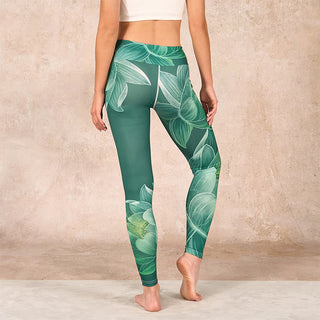 Buddha Gift Dark Green Lotus Flower Leaf Print Gym Fitness Leggings Women's Yoga Pants