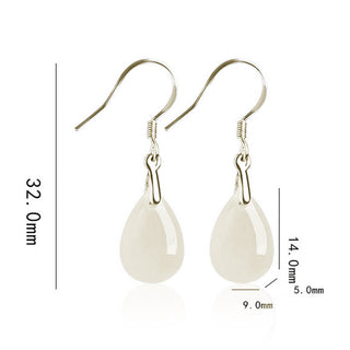 Buddha Gift 925 Sterling Silver Jade Water Drop Pattern Luck Prosperity Dangle Earrings