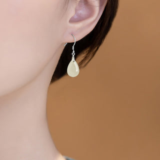 Buddha Gift 925 Sterling Silver Jade Water Drop Pattern Luck Prosperity Dangle Earrings