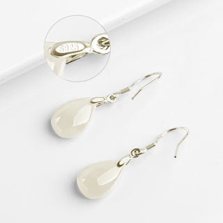 Buddha Gift 925 Sterling Silver Jade Water Drop Pattern Luck Prosperity Dangle Earrings