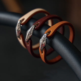 Buddha Gift 925 Sterling Silver Leather Multi-turn Protection Bracelet