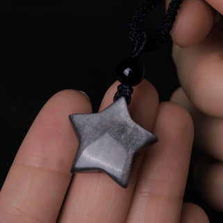 Buddha Gift Natural Silver Sheen Obsidian Star Crescent Moon Protection Necklace Pendant