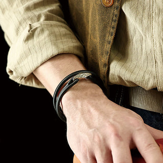 Buddha Gift 925 Sterling Silver Leather Multi-turn Protection Bracelet