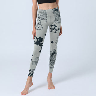 Buddha Gift Gray Koi Fish Floral Waves Print Gym Leggings Women's Yoga Pants