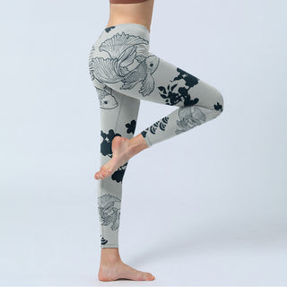 Buddha Gift Gray Koi Fish Floral Waves Print Gym Leggings Women's Yoga Pants