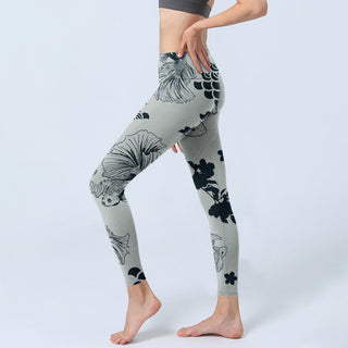 Buddha Gift Gray Koi Fish Floral Waves Print Gym Leggings Women's Yoga Pants