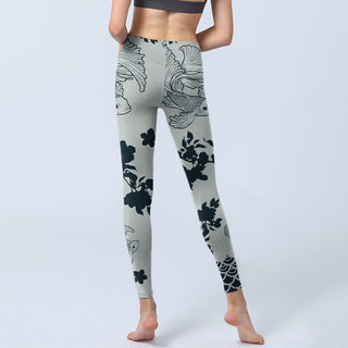 Buddha Gift Gray Koi Fish Floral Waves Print Gym Leggings Women's Yoga Pants