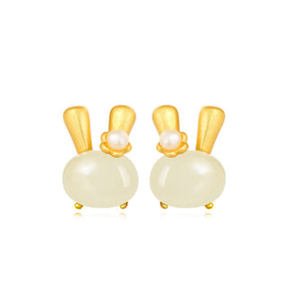 Buddha Gift 925 Sterling Silver Natural Hetian Jade Cute Rabbit Pearl Abundance Earrings