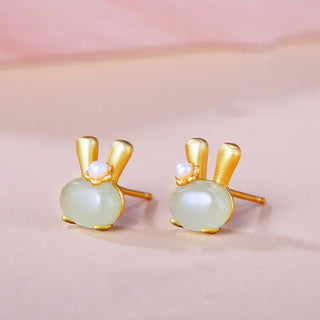 Buddha Gift 925 Sterling Silver Natural Hetian Jade Cute Rabbit Pearl Abundance Earrings