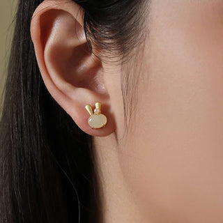 Buddha Gift 925 Sterling Silver Natural Hetian Jade Cute Rabbit Pearl Abundance Earrings