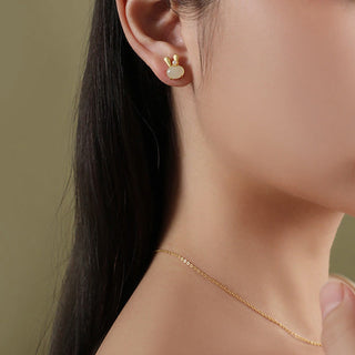 Buddha Gift 925 Sterling Silver Natural Hetian Jade Cute Rabbit Pearl Abundance Earrings