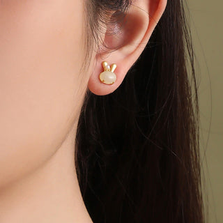 Buddha Gift 925 Sterling Silver Natural Hetian Jade Cute Rabbit Pearl Abundance Earrings