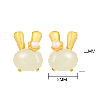 Buddha Gift 925 Sterling Silver Natural Hetian Jade Cute Rabbit Pearl Abundance Earrings