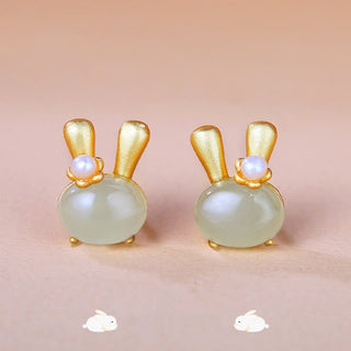 Buddha Gift 925 Sterling Silver Natural Hetian Jade Cute Rabbit Pearl Abundance Earrings