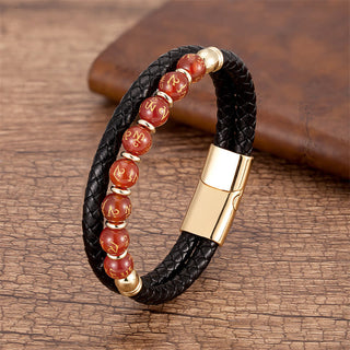 Buddha Gift Black Onyx Turquoise Tiger Eye Red Agate Om Mani Padme Hum Strength Leather Bracelet