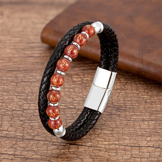 Buddha Gift Black Onyx Turquoise Tiger Eye Red Agate Om Mani Padme Hum Strength Leather Bracelet