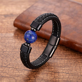 Buddha Gift Lazurite Black Onyx Tiger Eye Lava Rock Om Mani Padme Hum Serenity Leather Bracelet