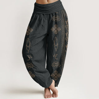 Buddha Gift Lotus Flowers Double Dorje Vajra Namaste Om Design Women's Elastic Waist Harem Pants