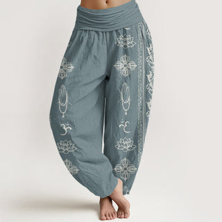 Buddha Gift Lotus Flowers Double Dorje Vajra Namaste Om Design Women's Elastic Waist Harem Pants