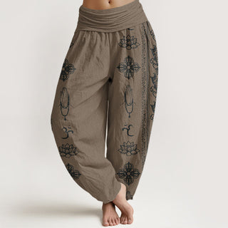Buddha Gift Lotus Flowers Double Dorje Vajra Namaste Om Design Women's Elastic Waist Harem Pants