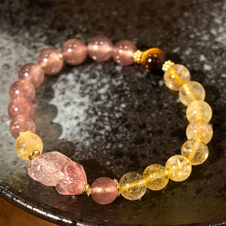 Buddha Gift Strawberry Quartz Pixiu Rutilated Quartz Beads Healing Bracelet