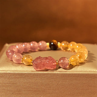 Buddha Gift Strawberry Quartz Pixiu Rutilated Quartz Beads Healing Bracelet