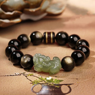 Buddha Gift Natural Gold Sheen Obsidian Hetian Cyan Jade White Jade PiXiu Wealth Bracelet