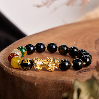 Buddha Gift Natural Gold Sheen Obsidian PiXiu Five Directions Gods of Wealth Protection Bracelet